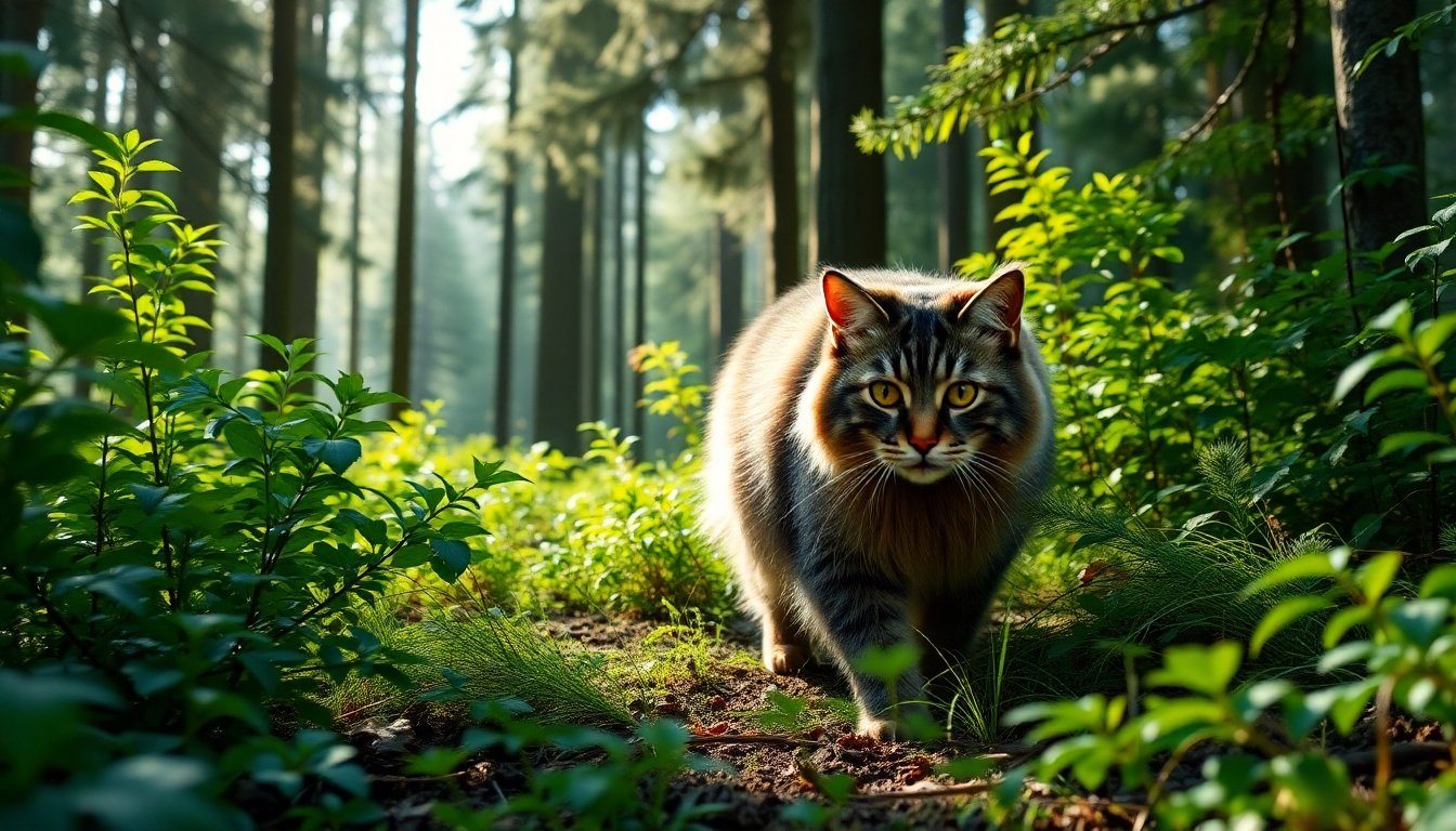 Gato Bosque de Noruega explorando el bosque