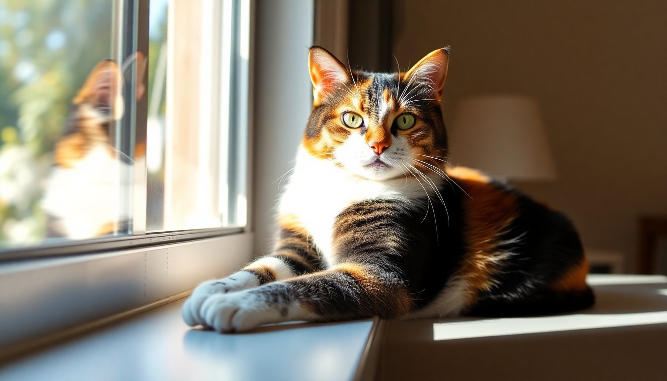 Gato calicó-tricolor descansando al sol