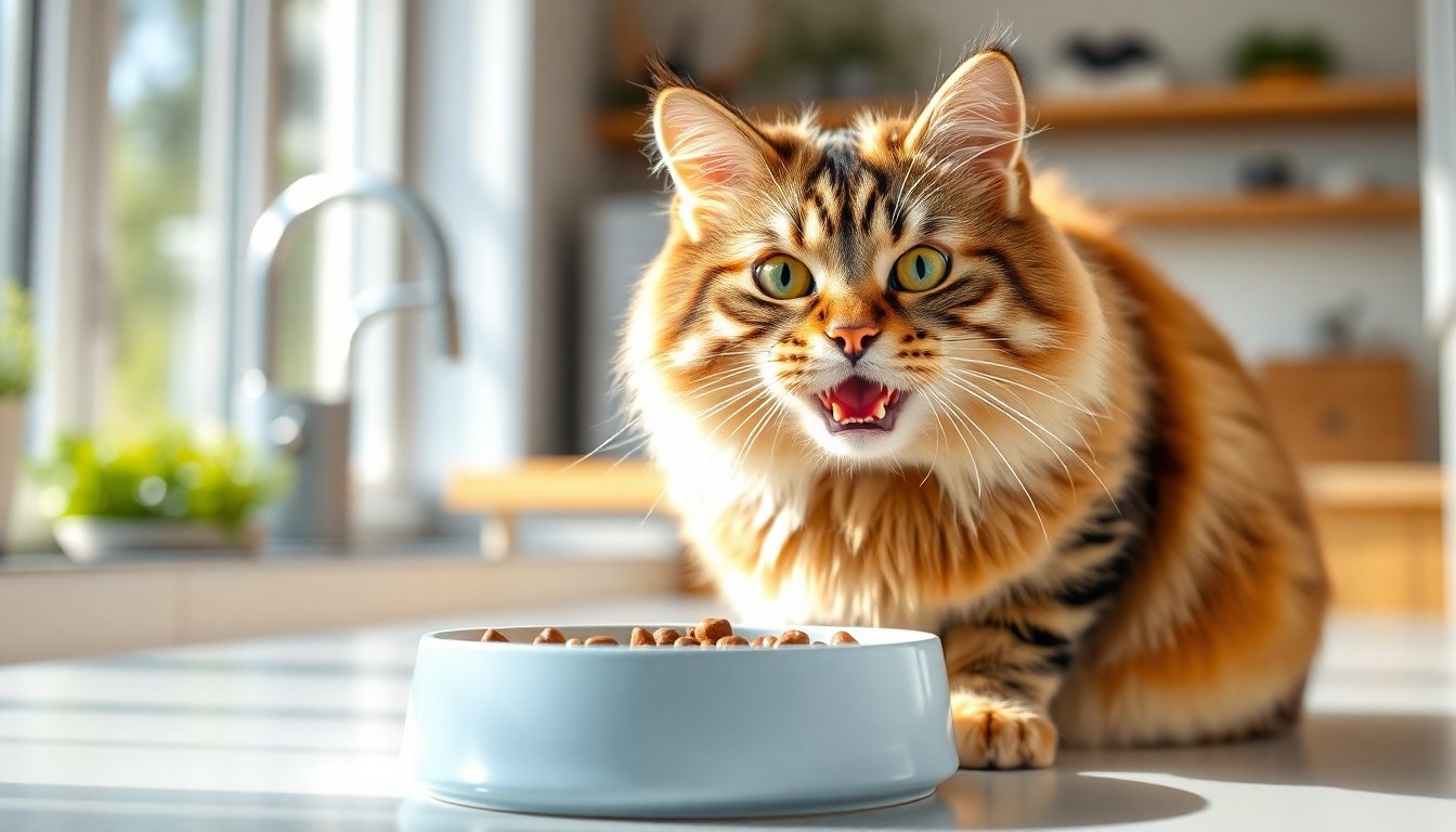 Gato carey comiendo comida balanceada