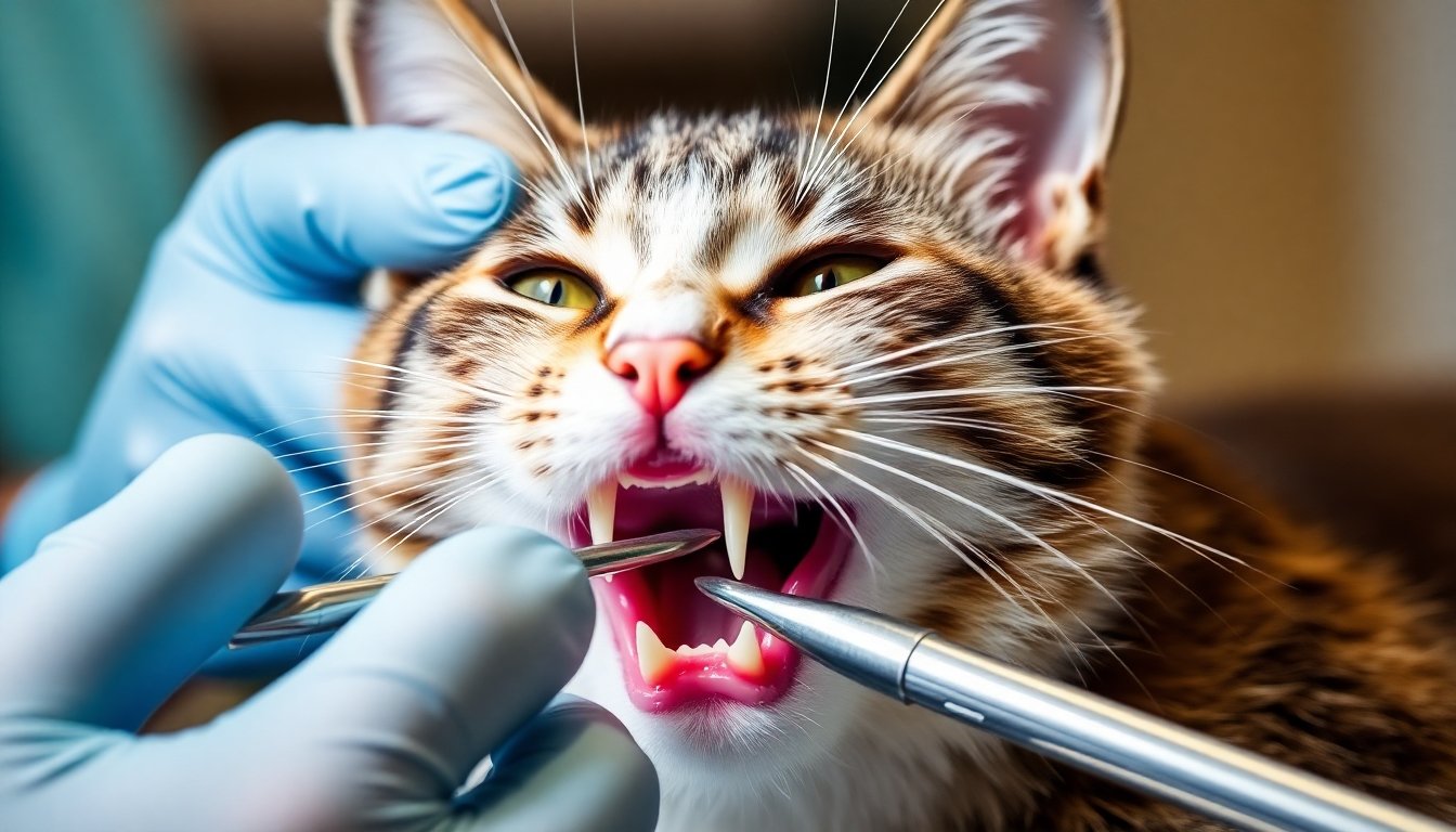 Gato con problemas dentales durante una revisión veterinaria