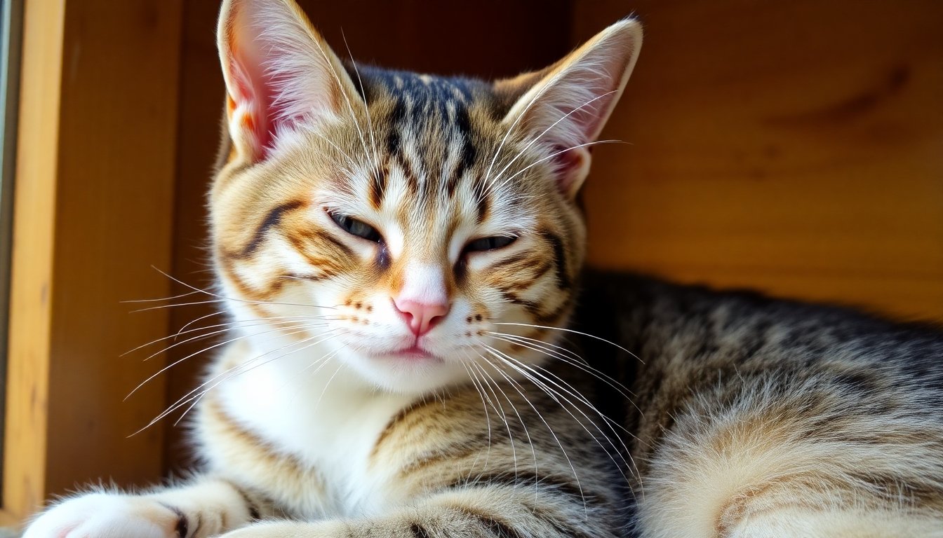 Gato estornudando con expresión preocupada