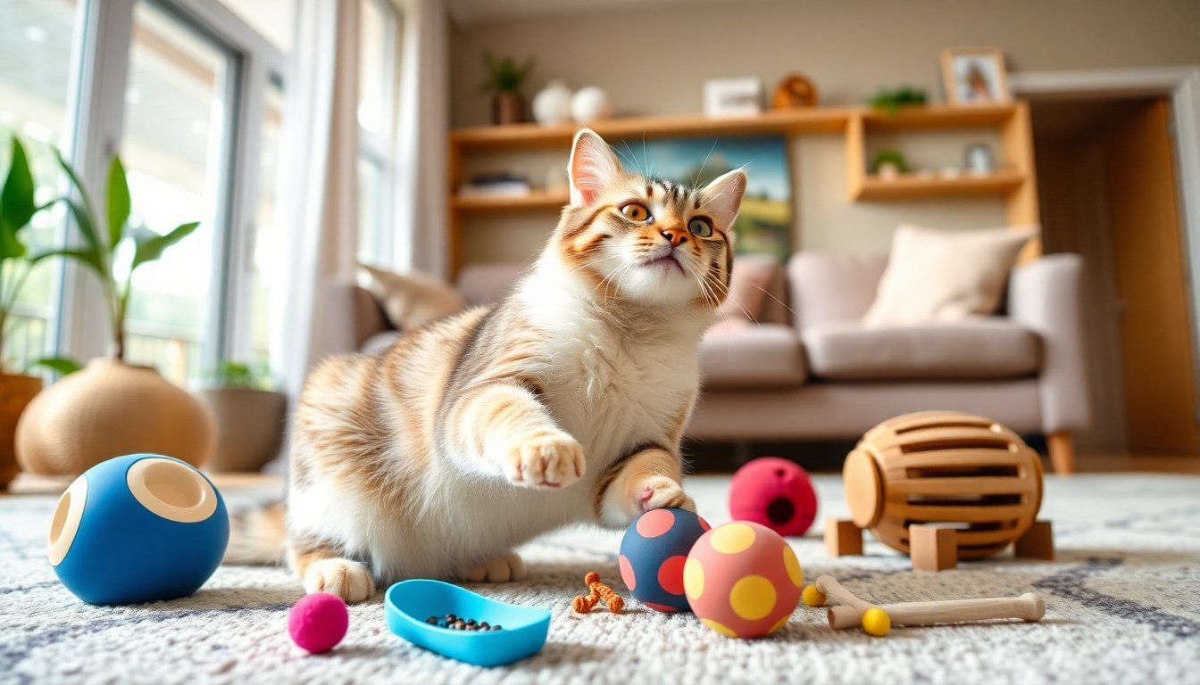 Gato jugando con juguetes en casa