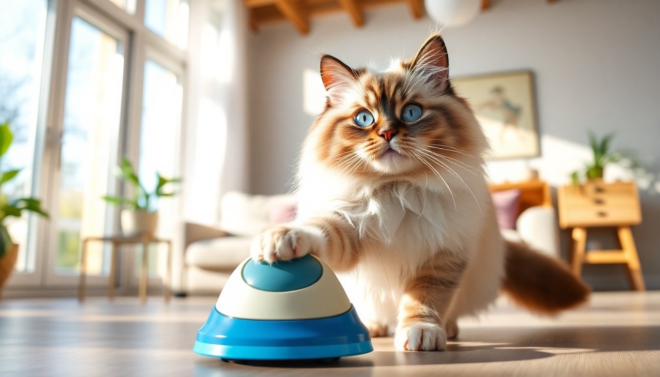 Gato Ragdoll jugando con un juguete interactivo