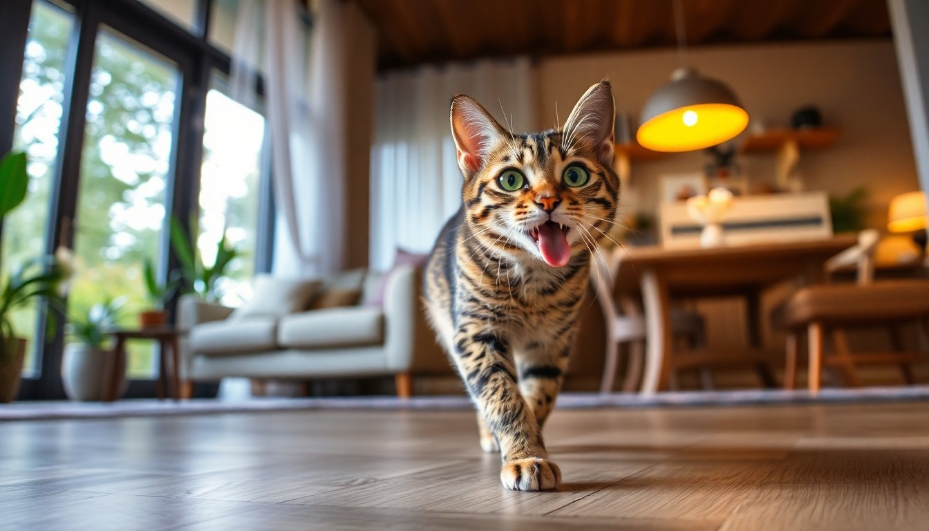 Gato savannah interactuando en un hogar espacioso