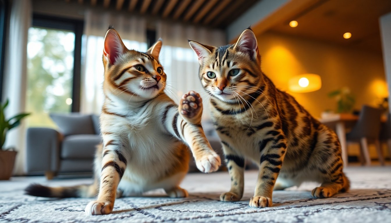 Gato savannah jugando con su dueño