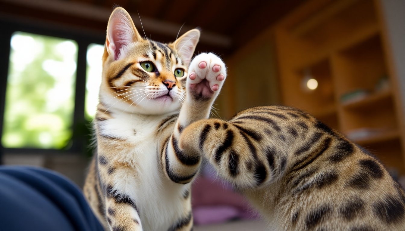 Gato savannah realizando trucos durante el entrenamiento