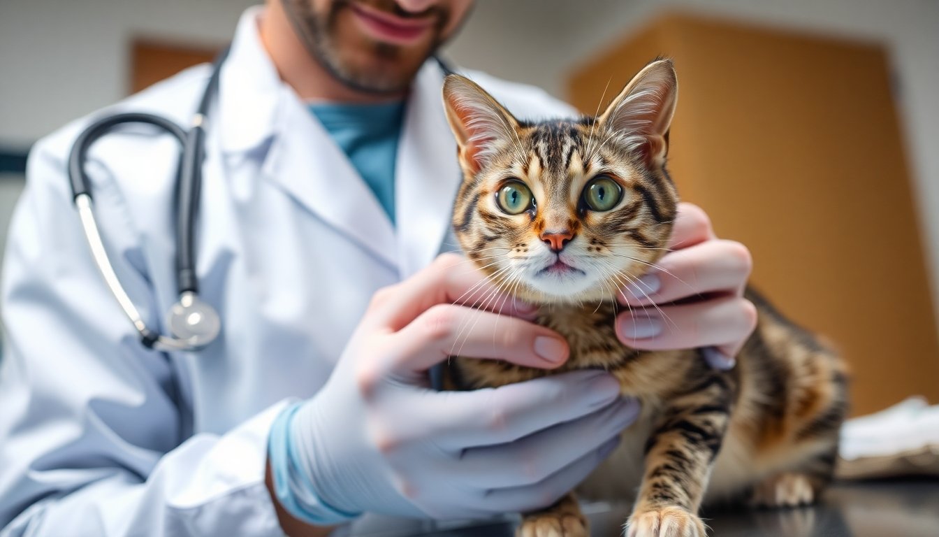 Gato siendo examinado durante una revisión veterinaria