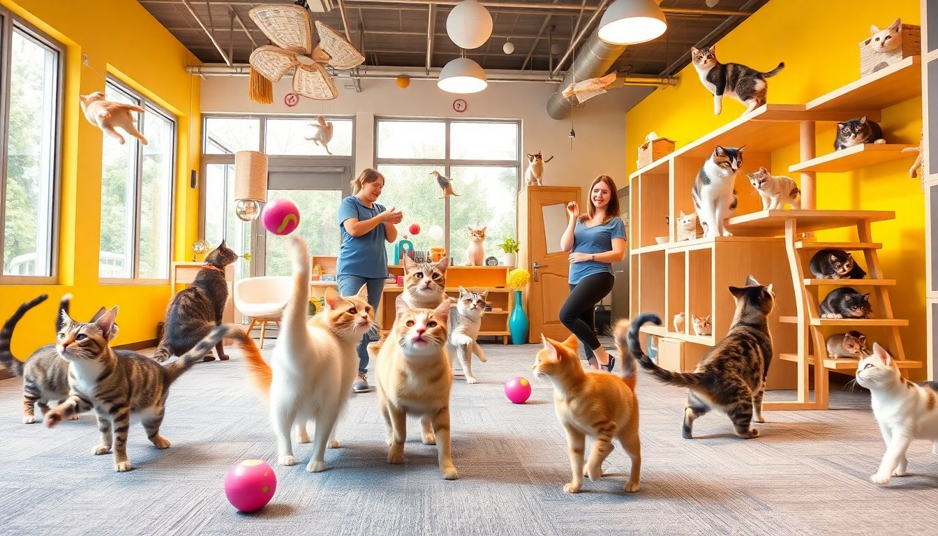 gatos jugando en un hotel para gatos
