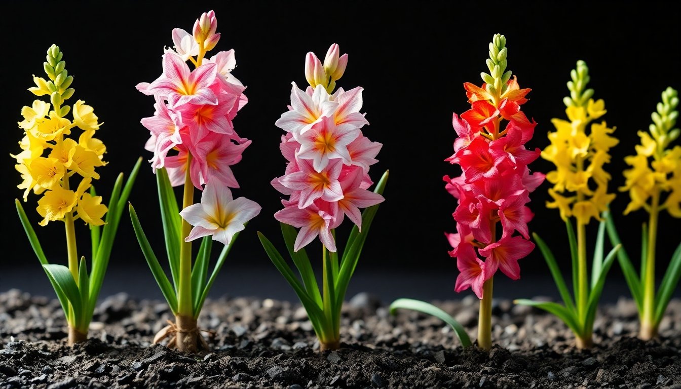 Gladiolos en diferentes etapas de crecimiento