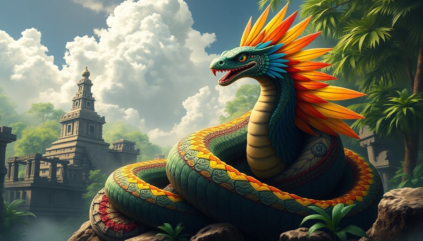 Ilustración de Quetzalcóatl, la serpiente emplumada