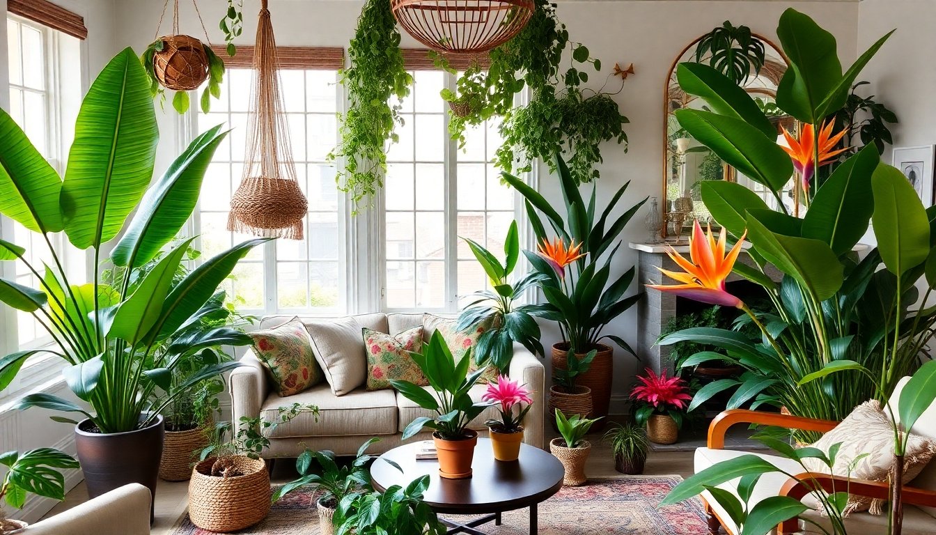 Interior de casa con plantas tropicales