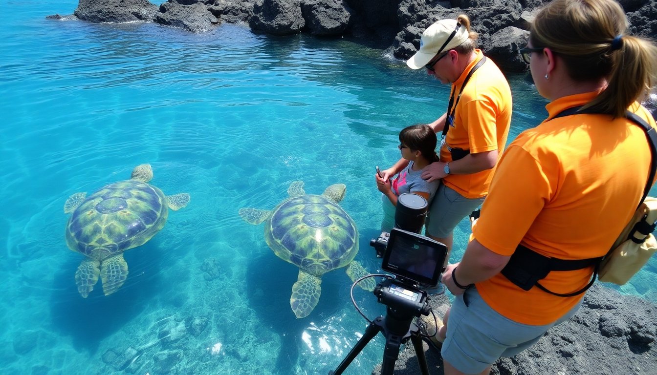 Investigadores monitoreando tortugas en Galápagos