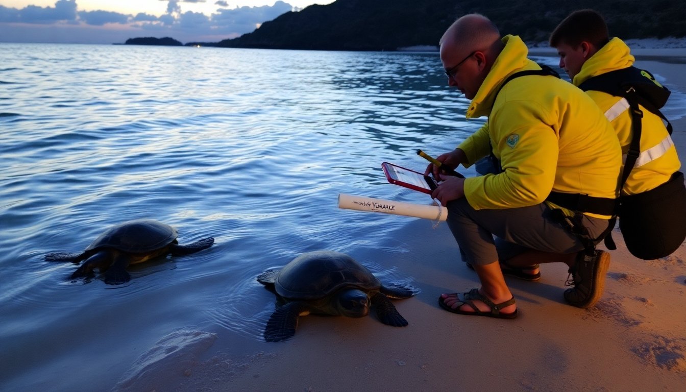 Investigadores monitoreando tortugas marinas
