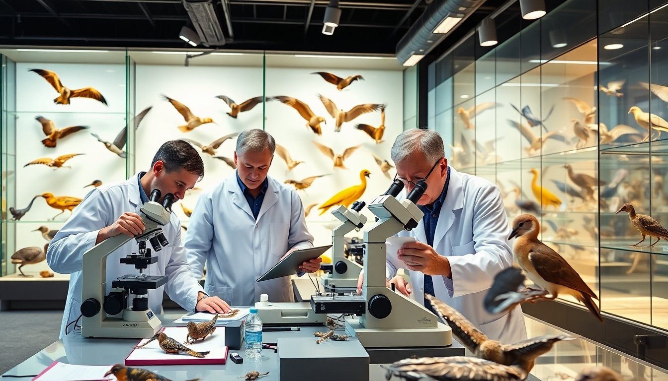 Investigadores trabajando en el museo de ornitología