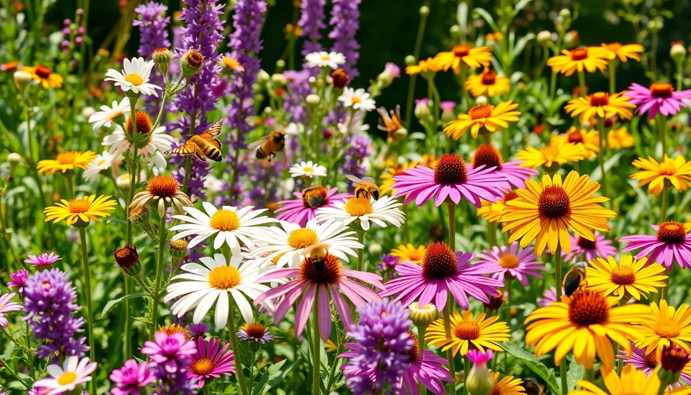 Jardín amigable para polinizadores con flores diversas