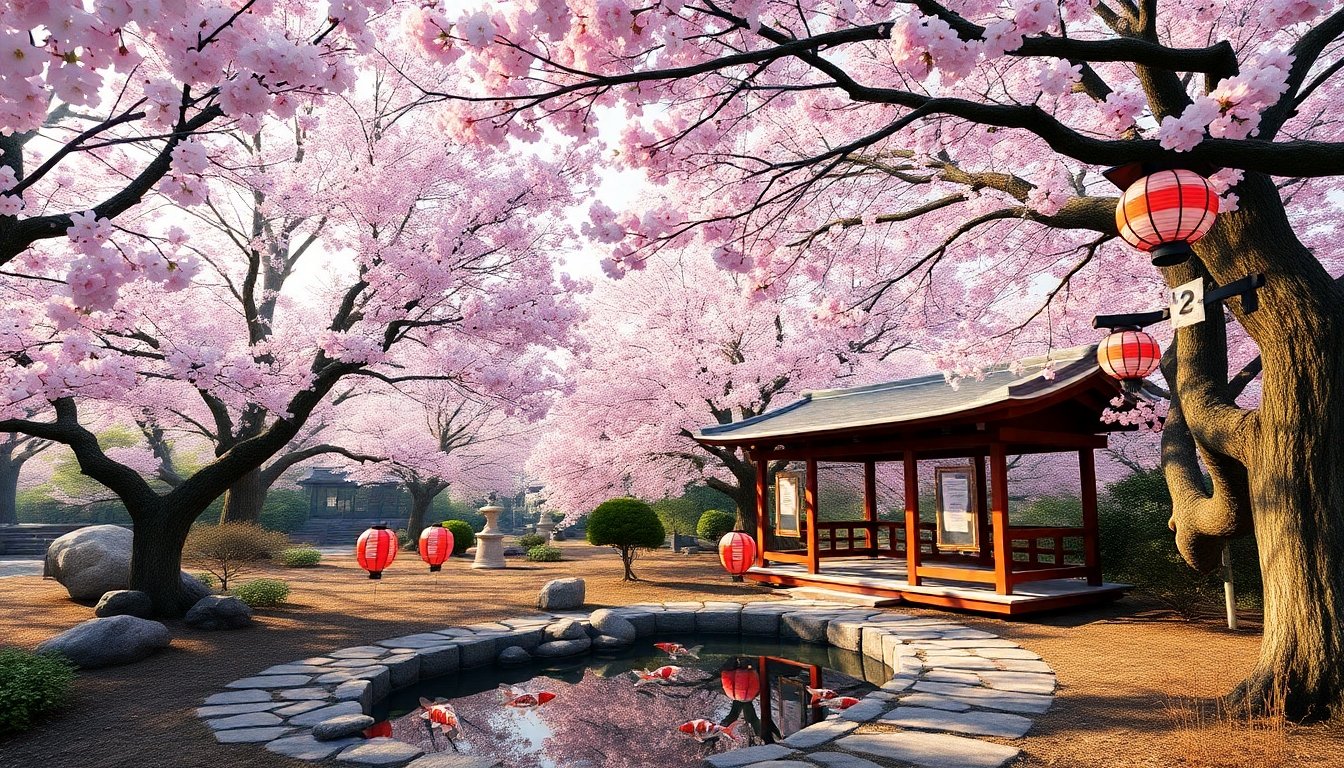 Jardín japonés con cerezos en flor