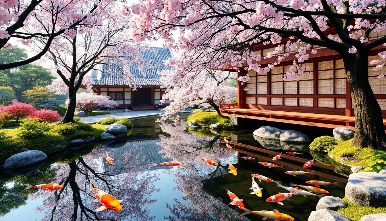 Jardín japonés con koi y flores de cerezo