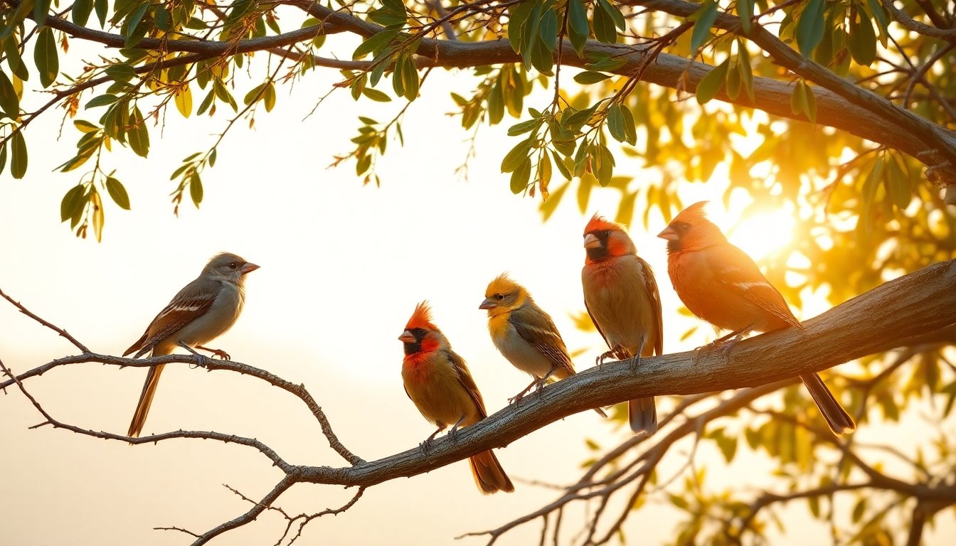 Jilgueros, cardenales y pinzones en su hábitat natural