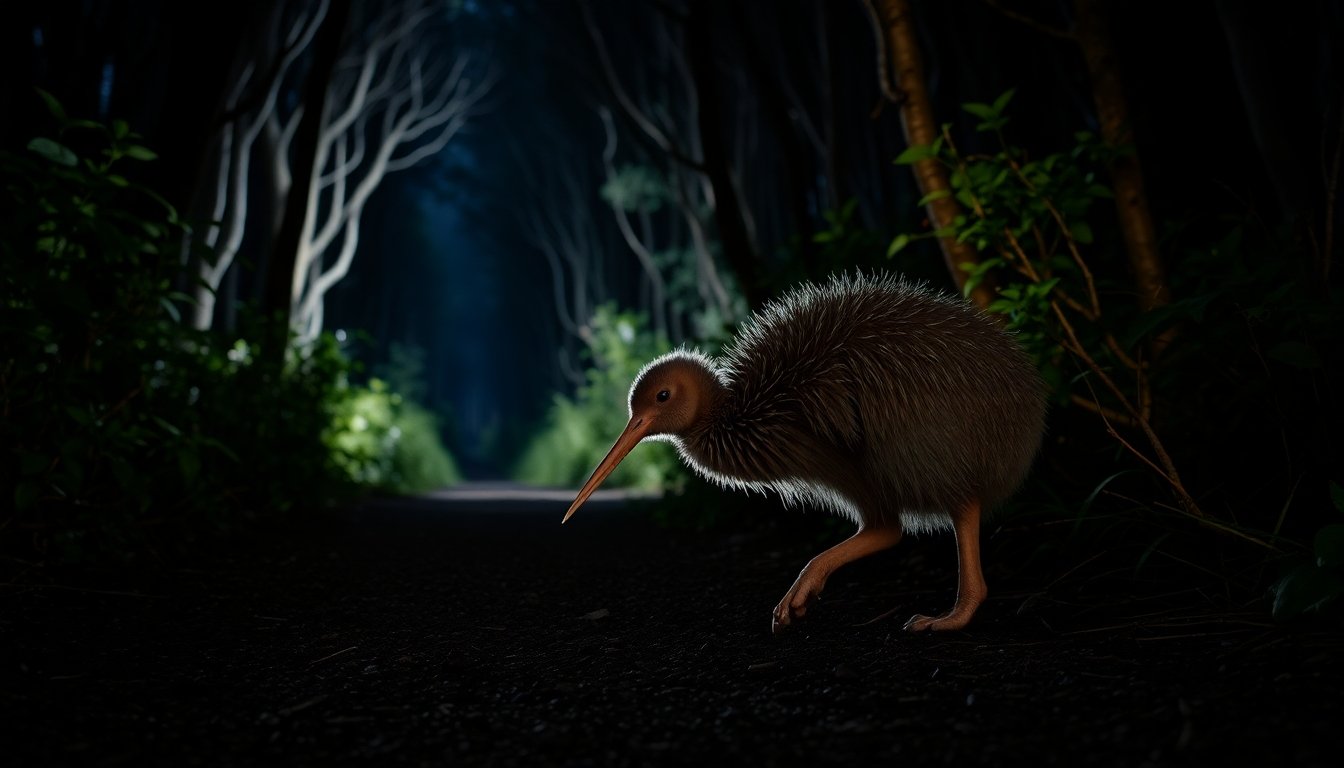 Kiwi caminando en el bosque de Nueva Zelanda