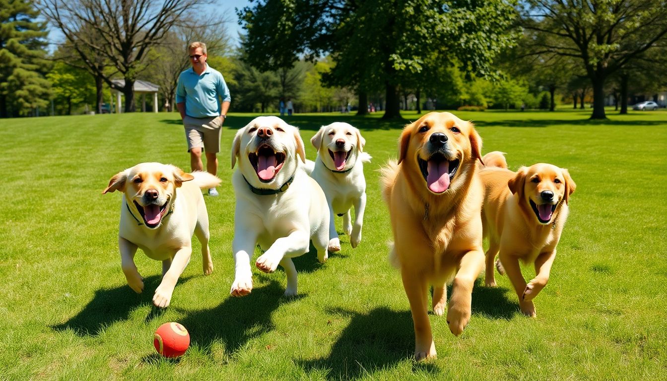 Labradores y Golden Retrievers jugando en el parque