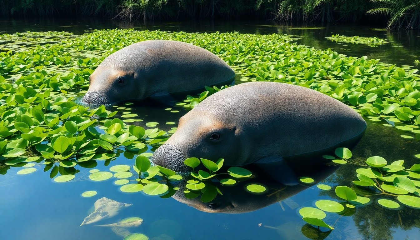 Manatíes pastando en vegetación acuática