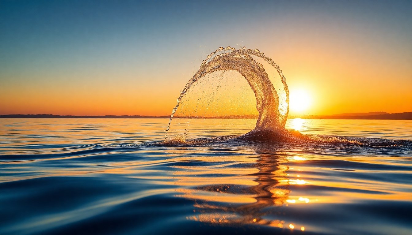 Mantarraya saltando fuera del agua al atardecer