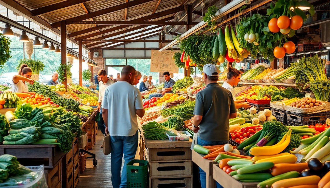 Mercado local con verduras orgánicas exhibidas