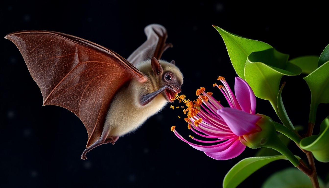 Murciélago polinizando una flor nocturna