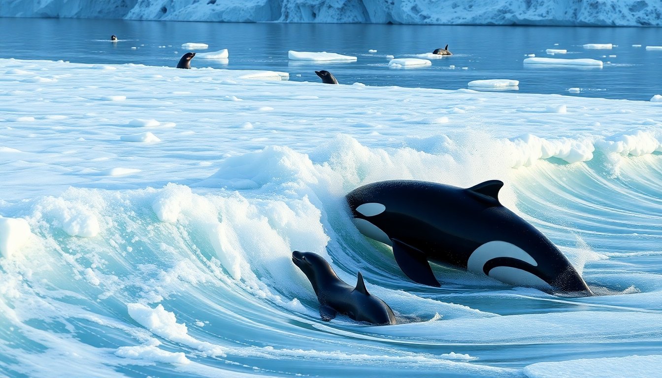 Orca marina aplicando técnica de caza en oleaje