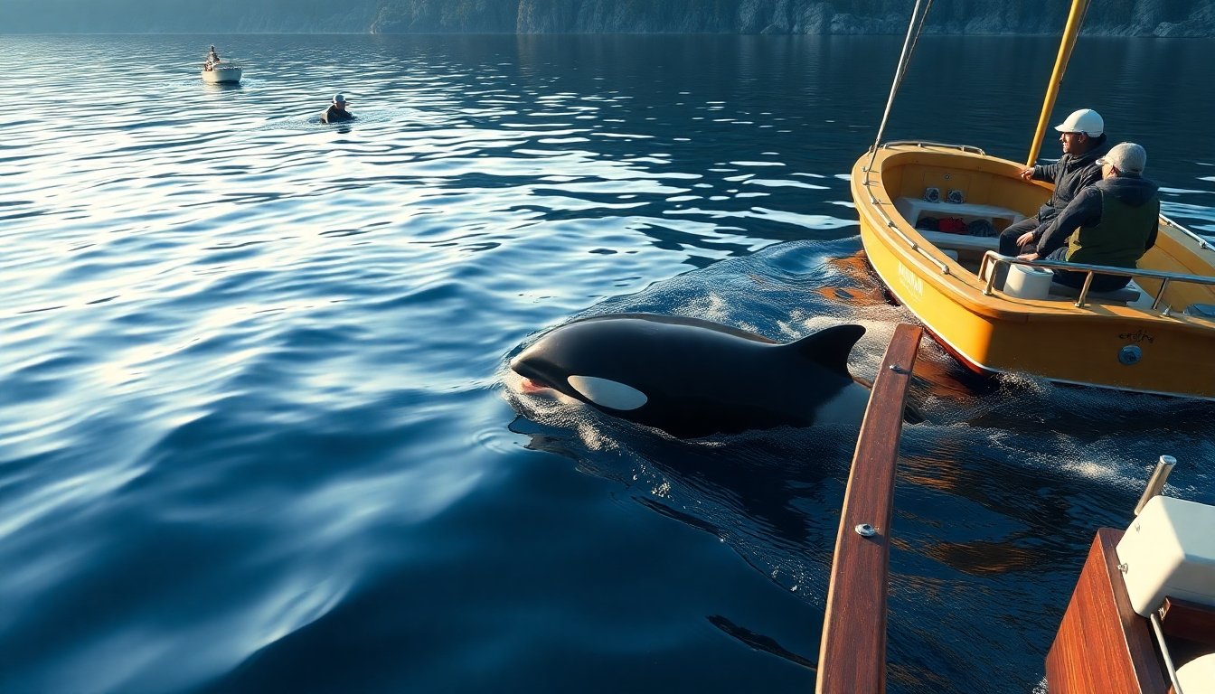 Orca marina nadando cerca de un bote