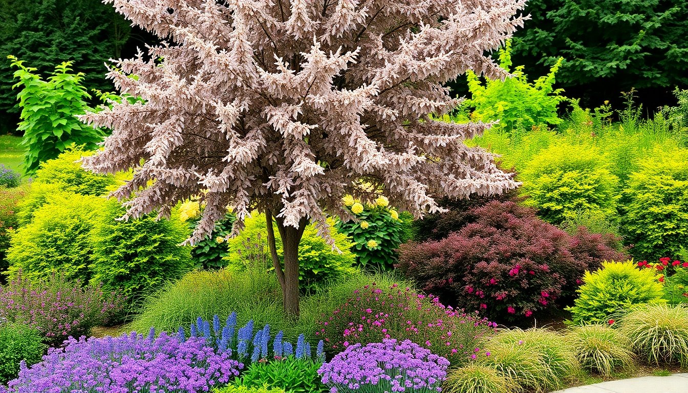 paisaje de jardín con fresno americano y arbustos ornamentales