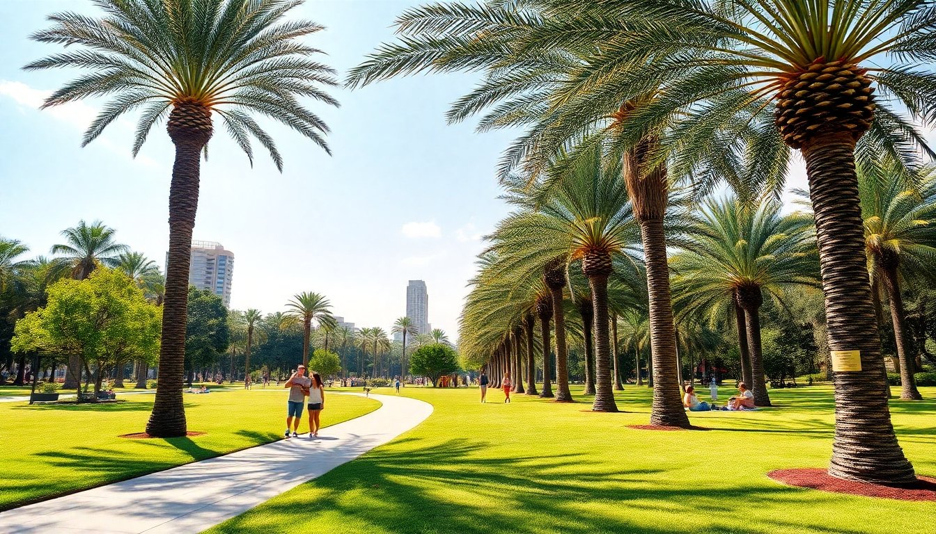 Parque urbano con palmeras pindo