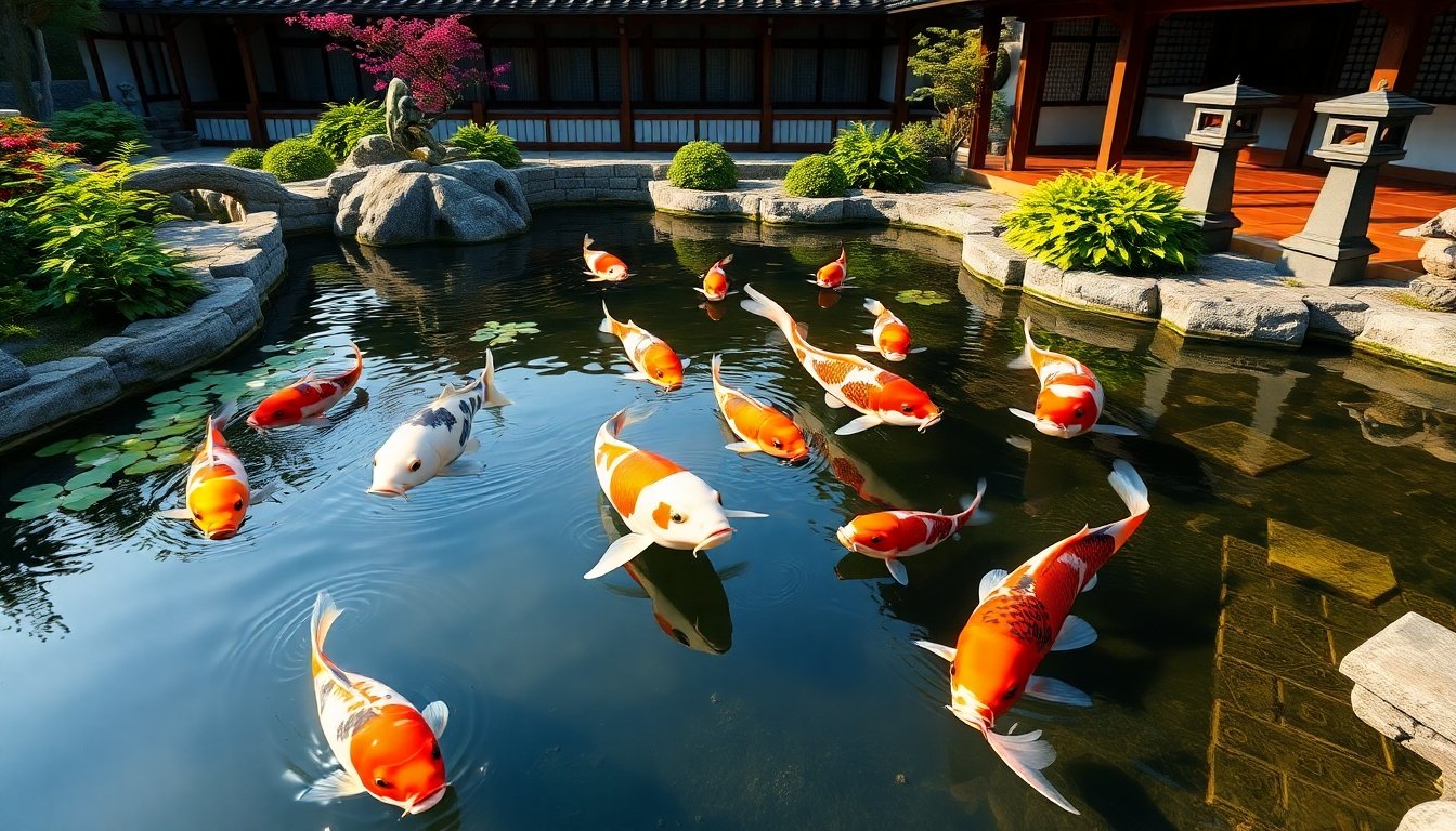Peces japoneses en un estanque tradicional