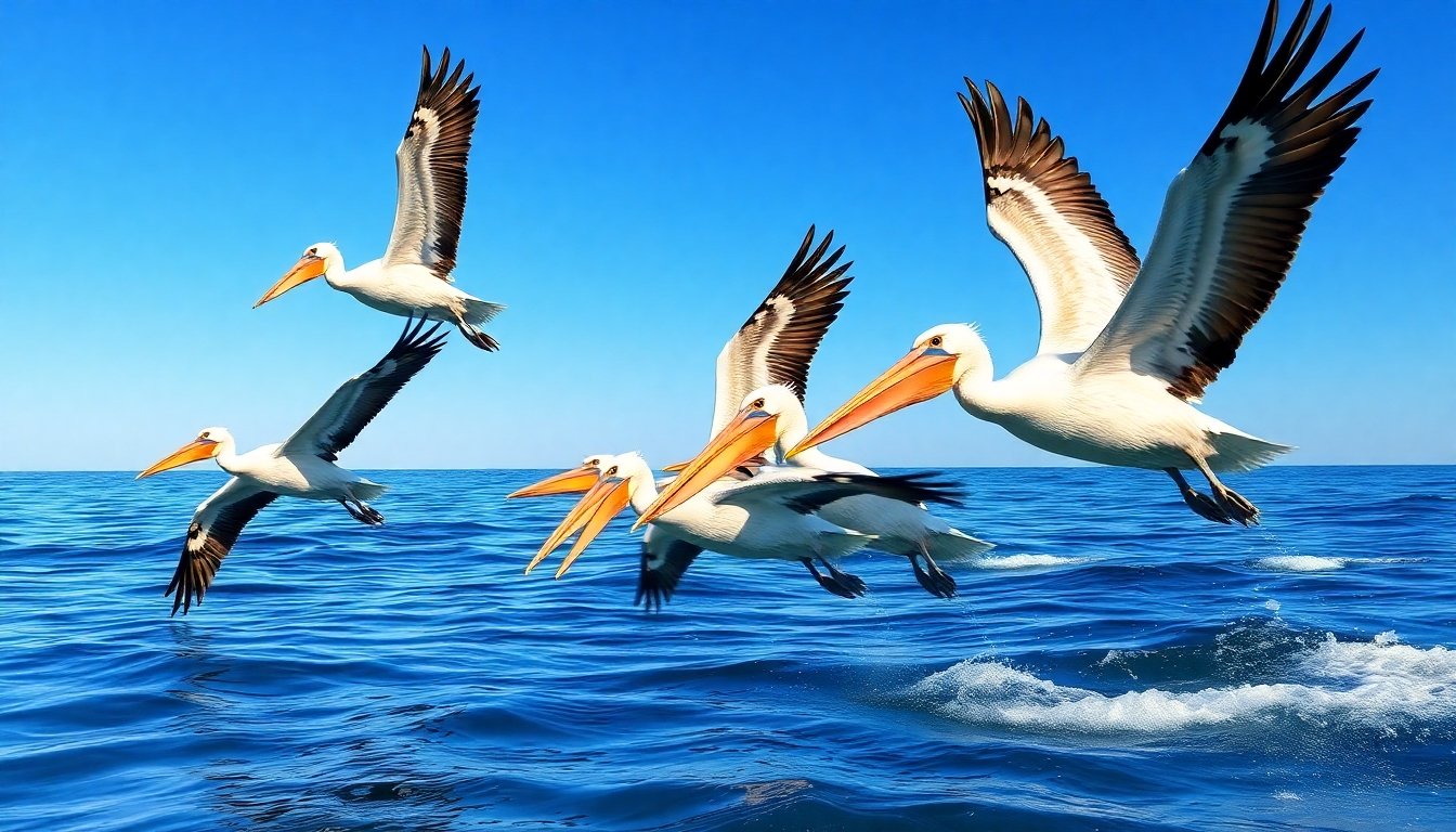 Pelícanos pescando en el mar