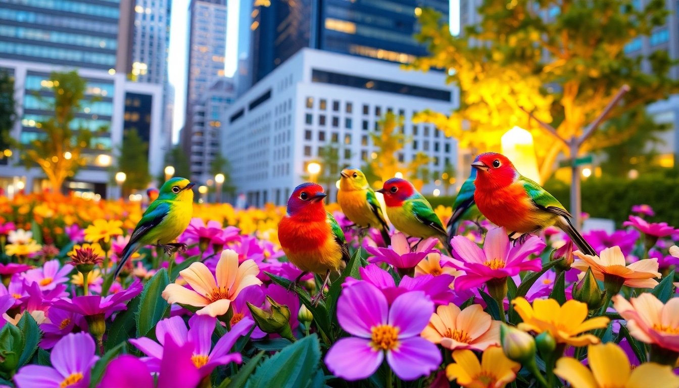 Periquitos vibrantes en un jardín urbano