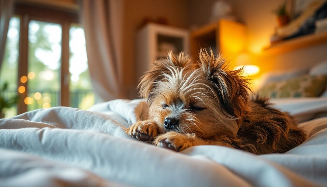 perrito chiquito durmiendo en su cama