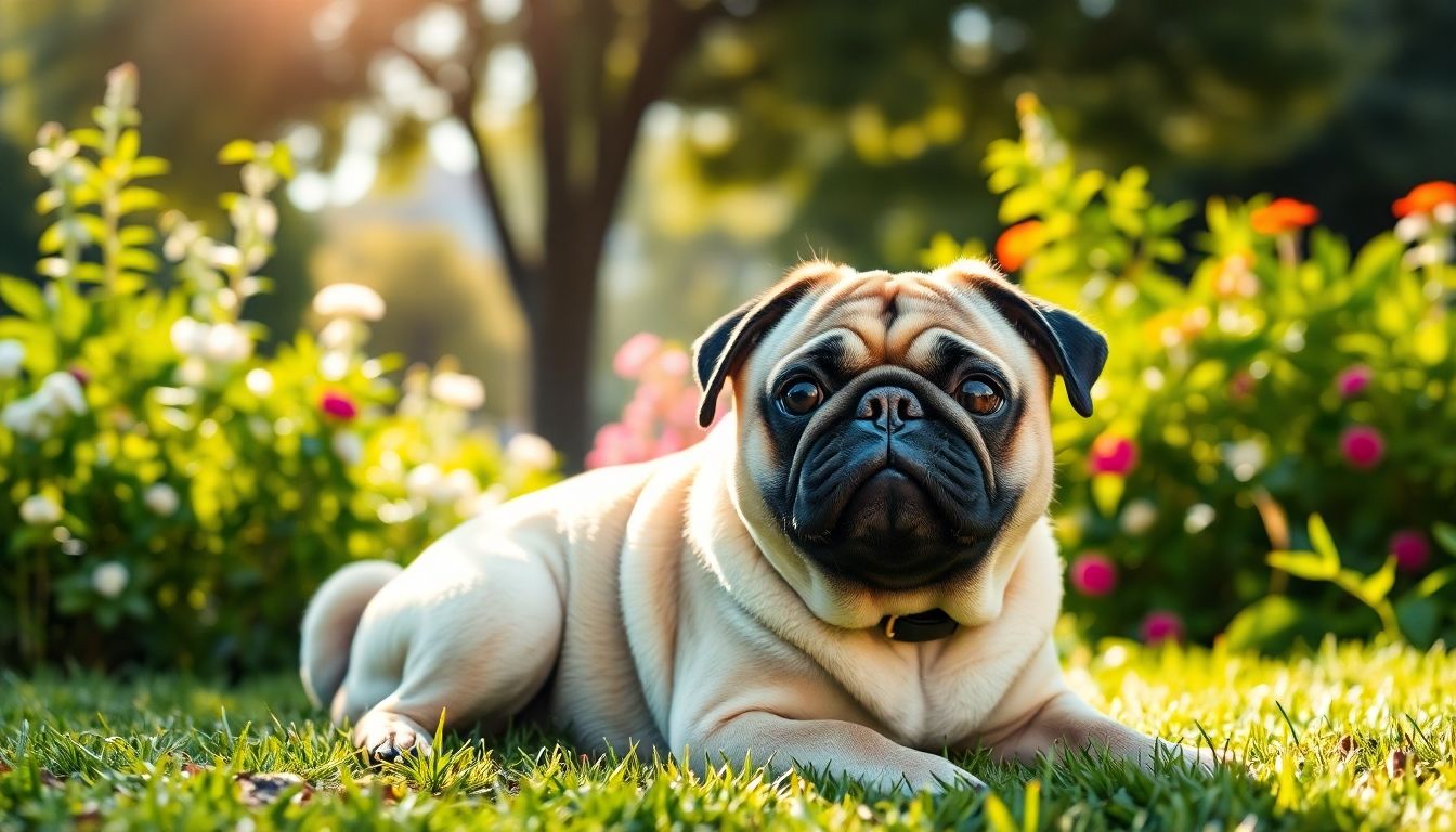 Perro pug sentado en un jardín