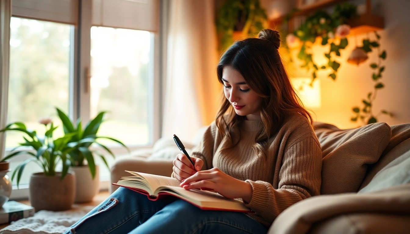 Persona escribiendo en un diario de gratitud