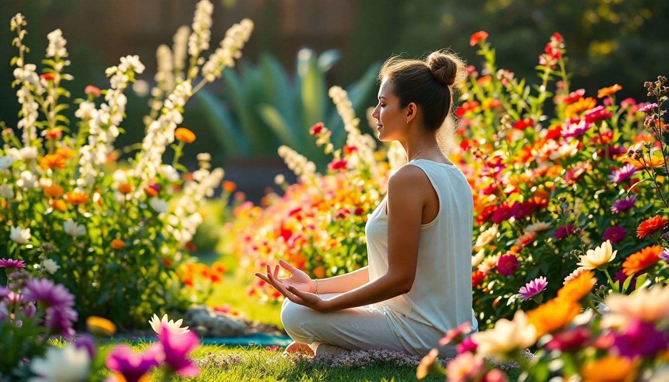 Persona meditando rodeada de flores