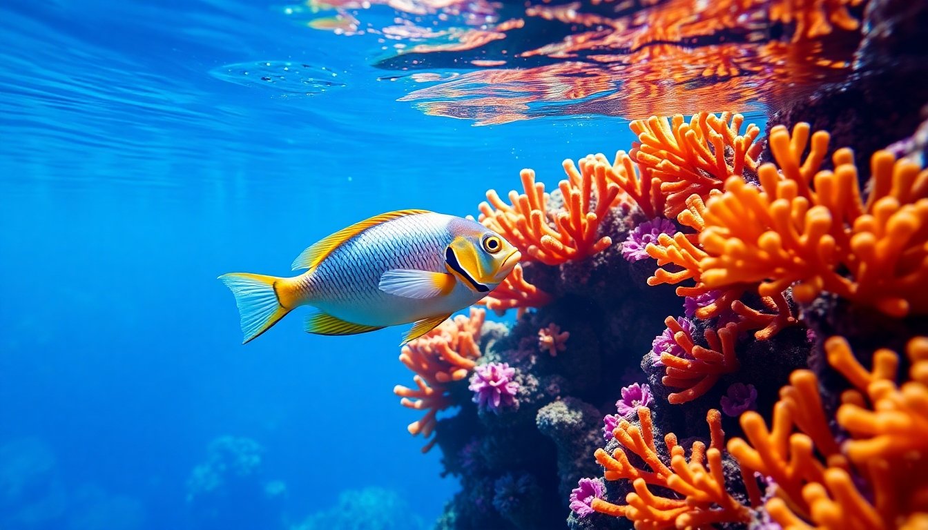 pez cirujano nadando entre corales