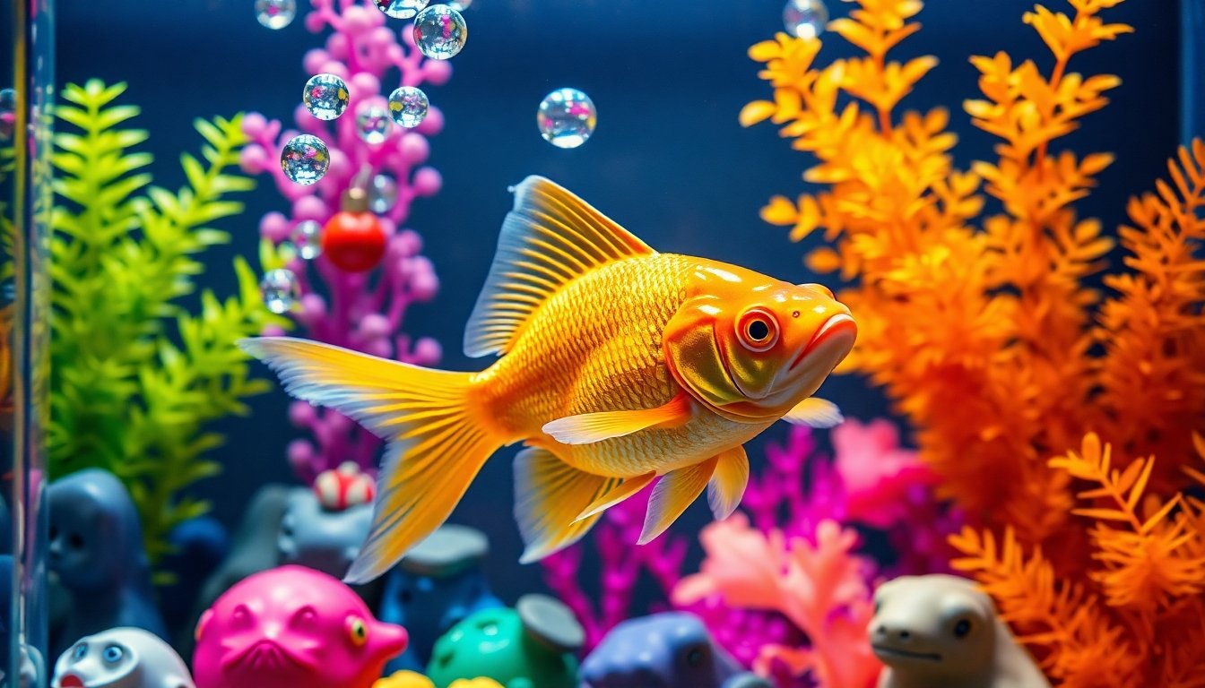 pez dorado interactuando con decoraciones en el acuario