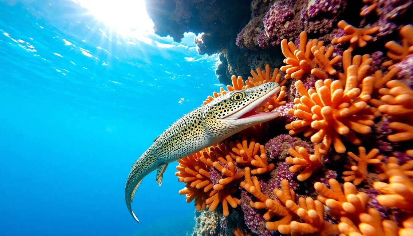 Pez lagarto escondido entre corales