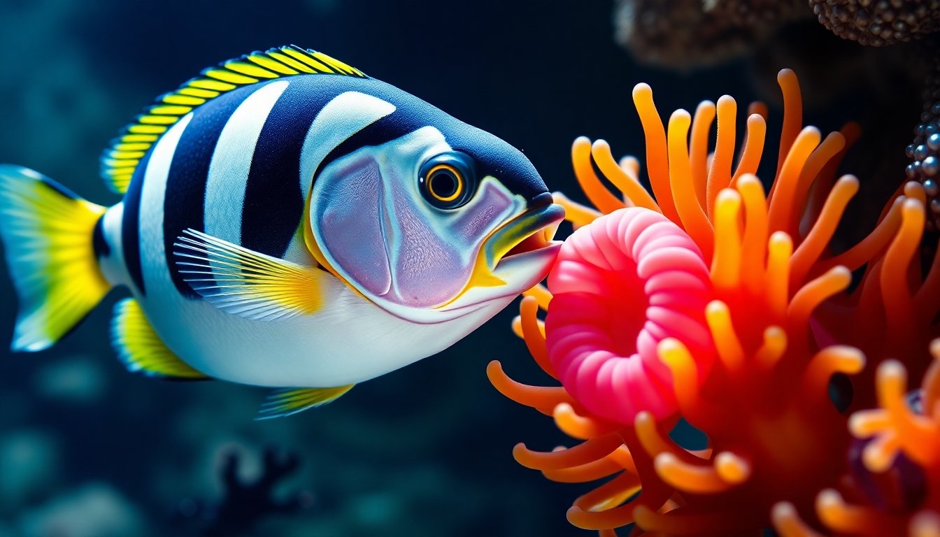 Pez payaso interactuando con una anémona