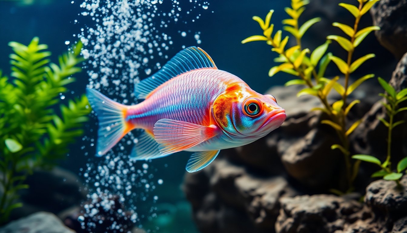 Pez telescopio interactuando en su acuario