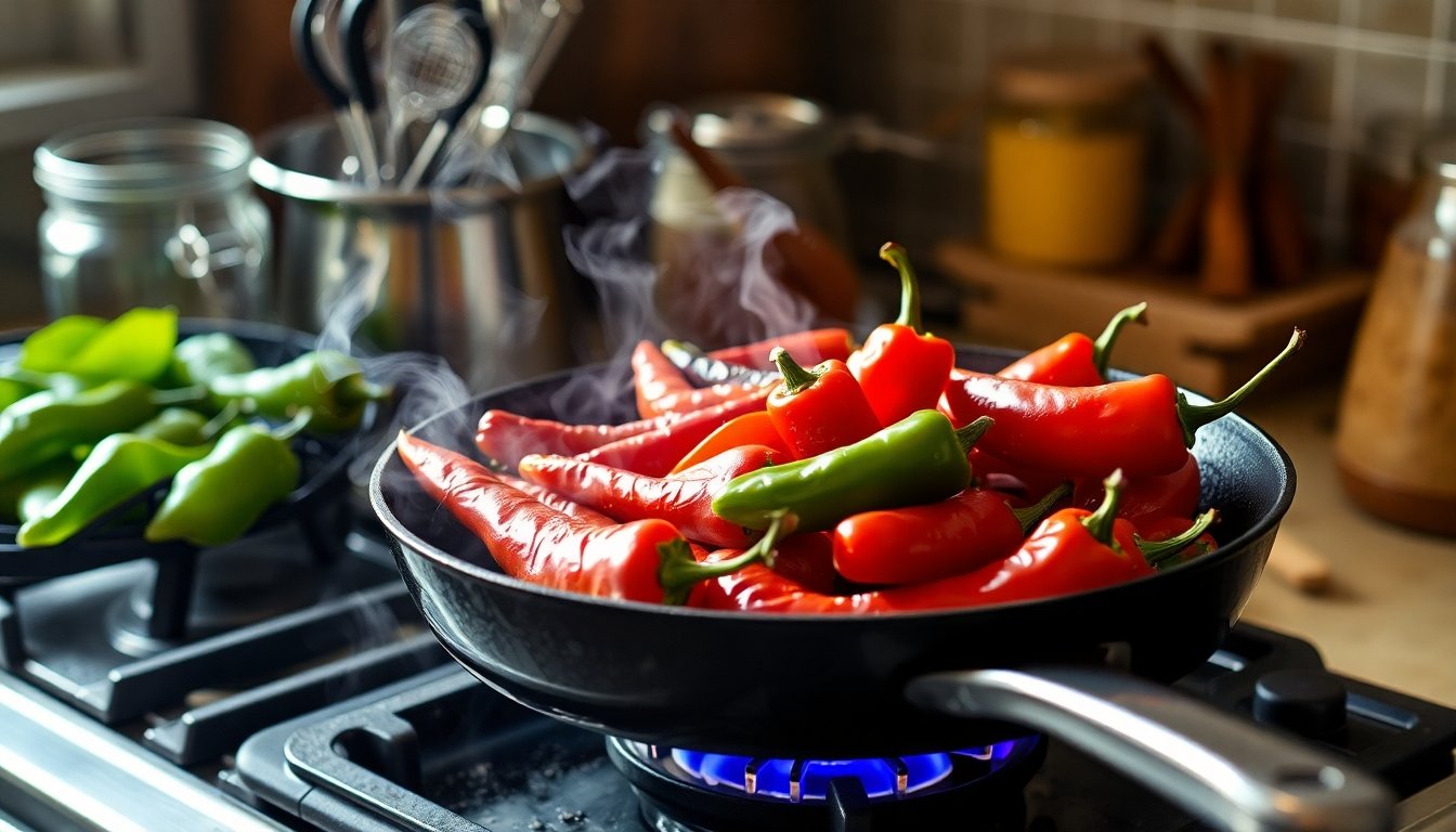 Pimientos de padrón asados en una sartén