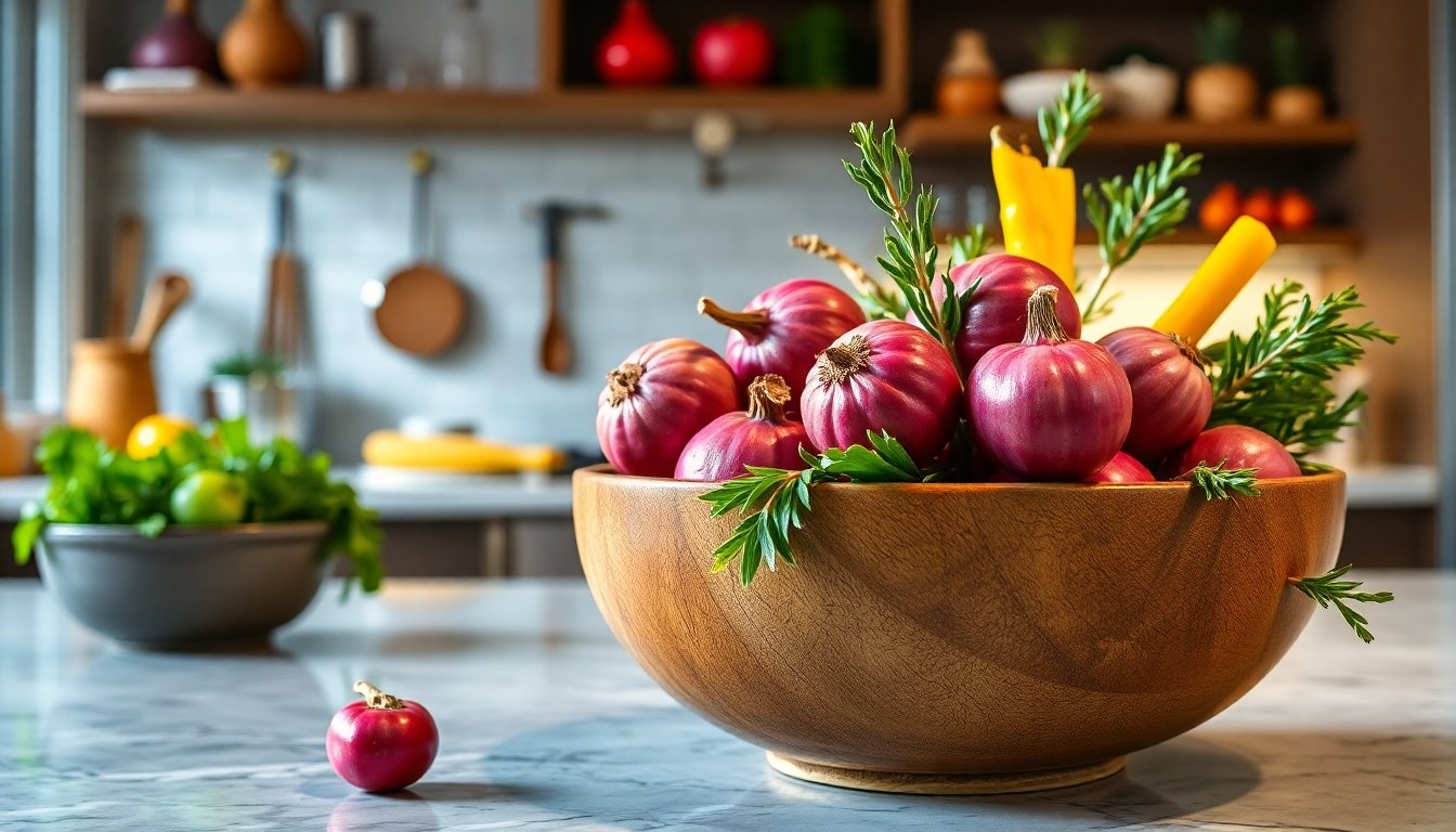 Piñones en un bol junto a vegetales frescos