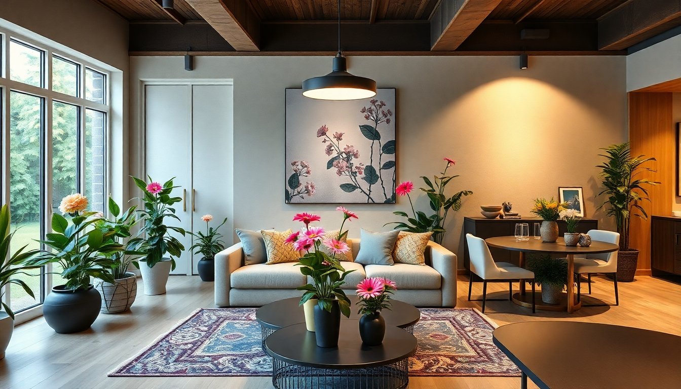 Plantas de interior con flor en una sala luminosa