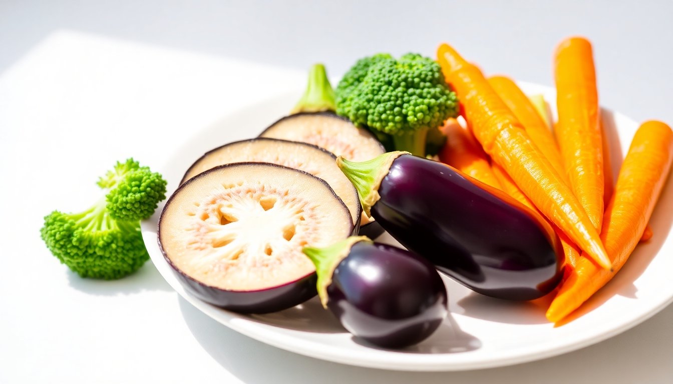Plato equilibrado con brócoli, berenjena y zanahoria