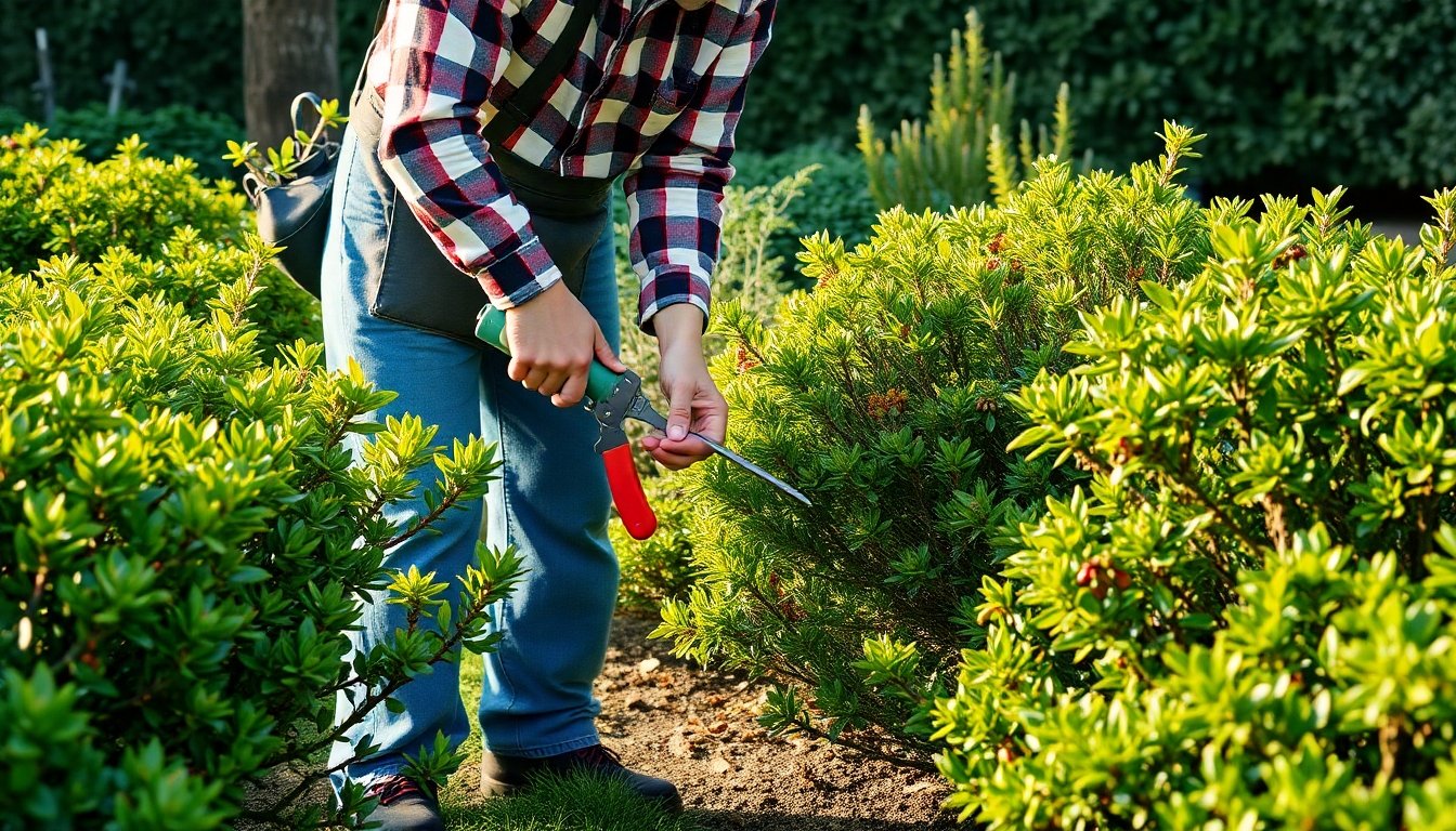 Proceso de poda de arbustos en jardín