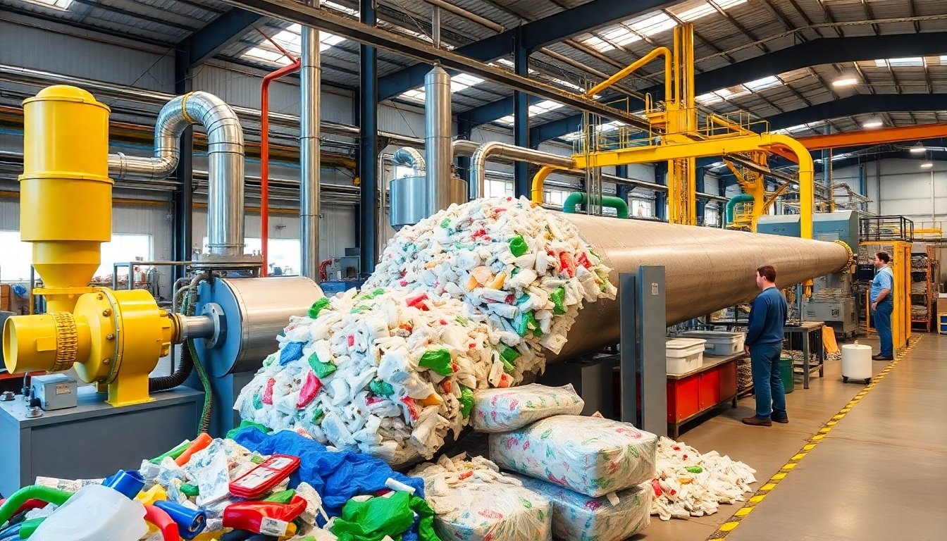 Proceso de reciclaje de plástico en una planta industrial